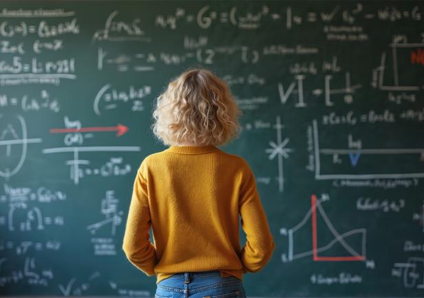 Kobieta stoi przed tablicą zapisaną wzorami matematycznymi